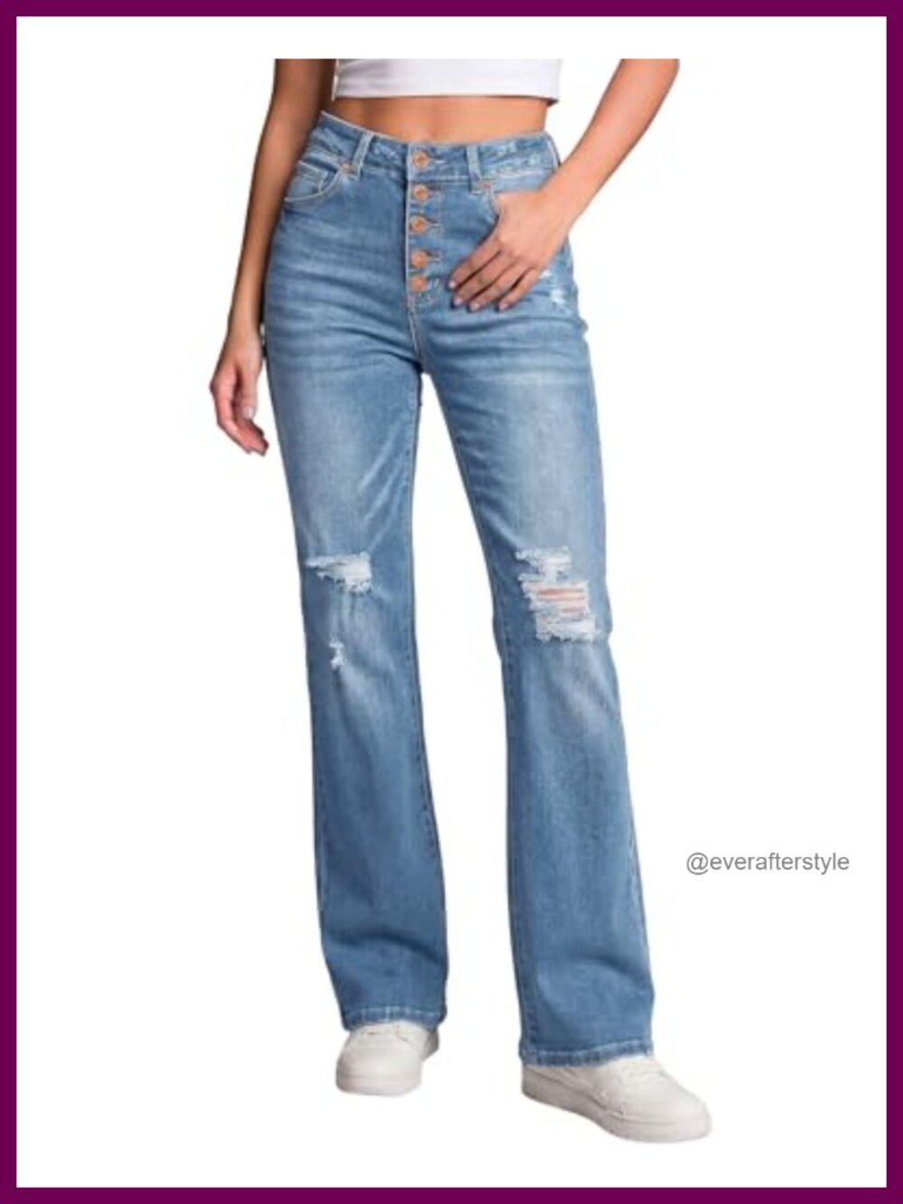 High Waisted Ripped Flare Bell Bottom Jeans Button Fly Stretch Denim